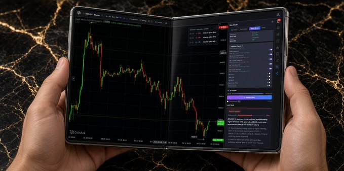 Hands holding a dual-screen tablet device displaying a Bitcoin/USD trading chart on a marble background.