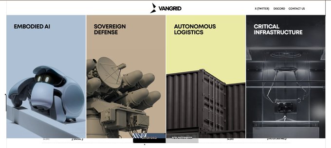 VANGRID website banner showcasing four categories: EMBODIED AI, SOVEREIGN DEFENSE, AUTONOMOUS LOGISTICS, and CRITICAL INFRASTRUCTURE.