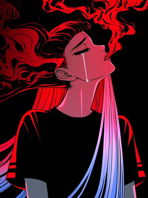 Stylized illustration of a figure with flowing red hair against a black background, wearing a black shirt with red and blue accents, head tilted upward.