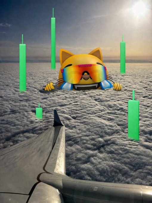 A surreal image showing the head of a yellow cat emoji with rainbow sunglasses peeking over a sea of clouds from an airplane window, with green candles floating in the sky.