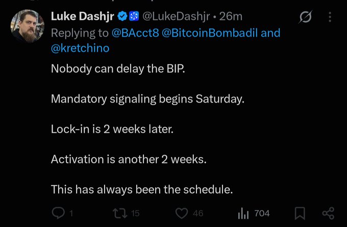 A screenshot of a tweet from Luke Dashjr (@LukeDashjr) replying to @BAcct8, @BitcoinBombadil, and @kretchino, stating that "Nobody can delay the BIP," with mandatory signaling beginning Saturday, lock-in in 2 weeks, and activation 2 weeks after, emphasizing this schedule has always been set. The accompanying caption reframes Dashjr's statements through a critical lens, suggesting the BIP represents a forced chain split, mandatory rejection of bitcoin blocks, and a planned "fork" or "shitcoin" departure from the main Bitcoin network.