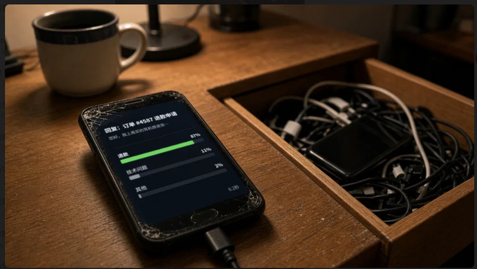A smartphone on a wooden desk displays a battery usage screen showing 97% remaining power, with a charging cable plugged in, while an open drawer beside it holds a tangled mess of cables and earphones. The image visually reinforces the post's theme of staying home during the holiday by showing someone absorbed in their phone rather than venturing outside.