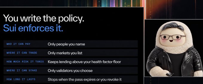 A slide with the heading "You write the policy. Sui enforces it.", listing features like "Who it can pay" and "How much risk it takes", alongside a 3D cartoon character in a leather jacket.