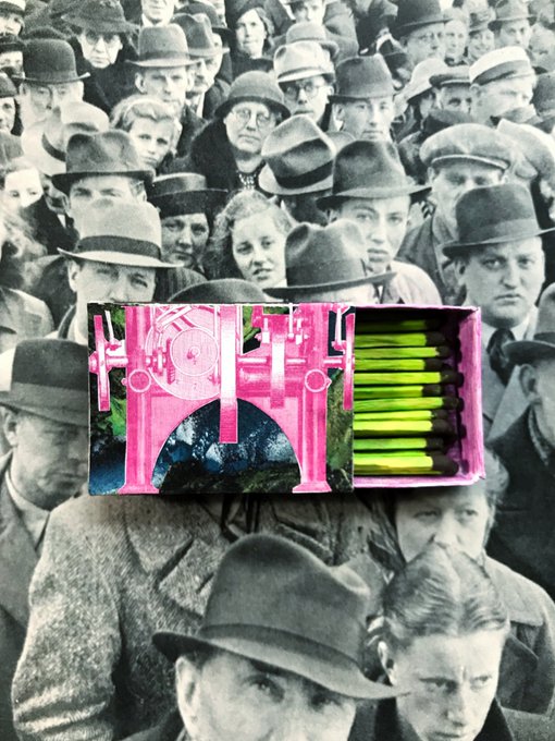 Black and white historical photograph of a crowd wearing hats, overlaid with an image of a pink matchbox labeled 'HOT' containing green-tipped matches.