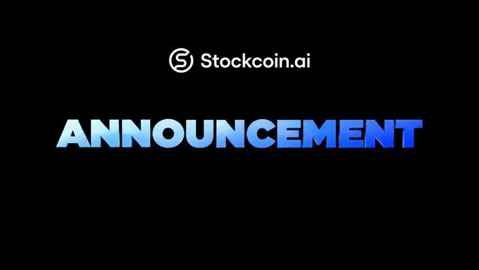 A black screen displays 'Stockcoin.ai' logo and the word 'ANNOUNCEMENT' in blue gradient text.