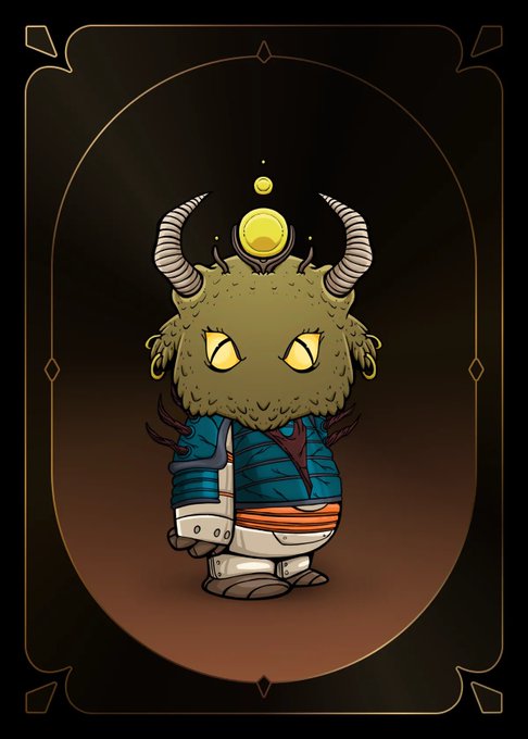 The image features a cartoon character with horns, dressed in blue and orange clothing, standing against a black background. The character appears to be wearing a mask or costume that includes a crown, adding an element of mystery and intrigue to their appearance. The caption provided seems unrelated to the main subject matter but is still present in the image.