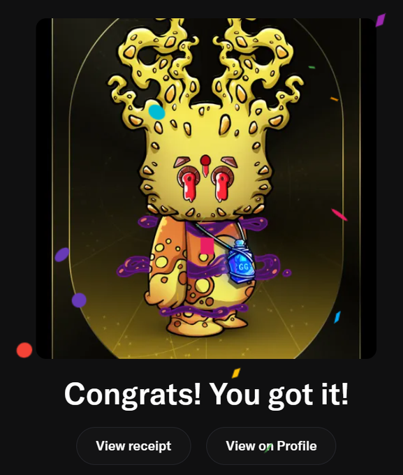 A Splatoon-style digital collectible of a yellow character with antler-like appendages and red eyes is displayed with the text "Congrats! You got it!" along with buttons for "View receipt" and "View on Profile".
