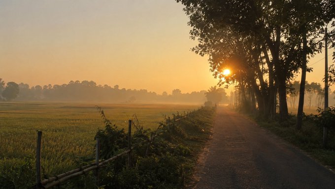 The image shows an empty road surrounded by trees, with a fence running along its side. In the background, there are fields of rice, indicating agricultural activity. The sun is rising over the horizon, casting a warm glow across the scene. The image also contains text that reads "Early morning Every successful digital economy needs more than just technology. It needs trust utility and a foundation that can support long term participation". This message suggests that the road depicted in the photo could be part of an agricultural project or initiative focused on sustainable farming practices, where technology is used to improve efficiency and productivity while also considering environmental factors such as water conservation and soil health.

The image's content seems to be related to a discussion about the importance of trust utility and long-term participation in digital economies, which could potentially be tied to agricultural projects or initiatives that utilize technology for sustainable farming practices.