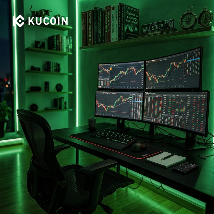 A sleek, green-lit trading setup featuring a quad-monitor display with active candlestick charts and market data, accompanied by a "Wall Street" book, an "Options as a Strategic Investment" title, and the KuCoin logo in the corner—showcasing a professional trader's command center in action.