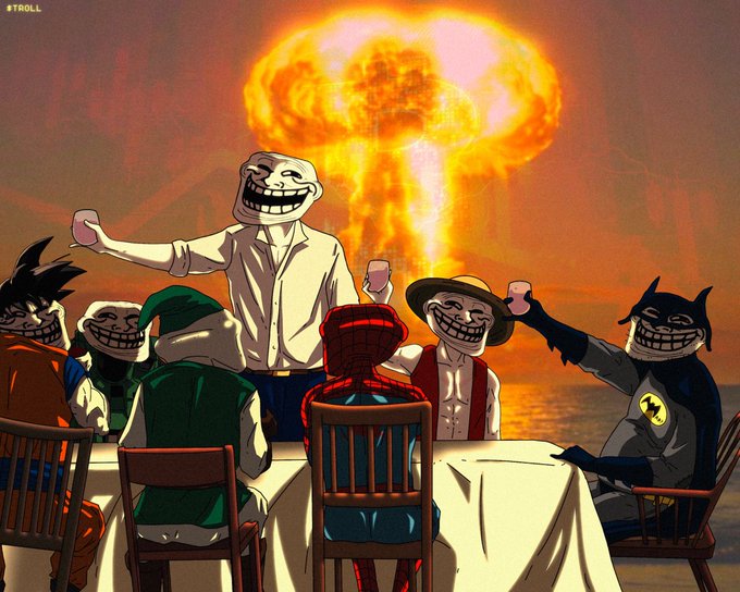The image depicts a stylized parody of *The Last Supper* with various characters wearing the iconic grinning troll face, including figures resembling Spider-Man, Goku, Luffy, Link, Batman, and Luffy with a straw hat, all raising glasses together as a massive mushroom cloud explosion erupts behind them, suggesting chaotic camaraderie that aligns with the post's theme of "trolling with friends" for the $TROLL token on Solana.