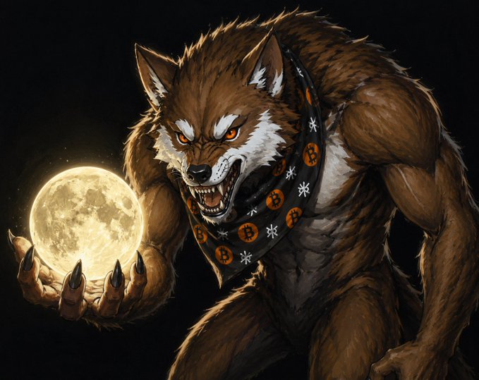 A digital illustration of a snarling anthropomorphic wolf character holding a glowing full moon, wearing an orange bandana with pumpkin patterns, set against a dark background.