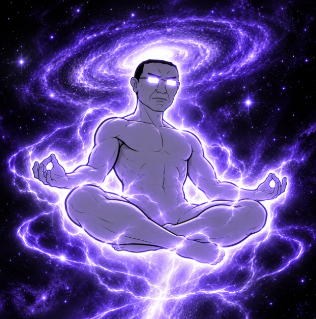 An anime-style drawing of a muscular, bald figure meditating in a lotus position with glowing purple eyes, surrounded by purple cosmic energy.