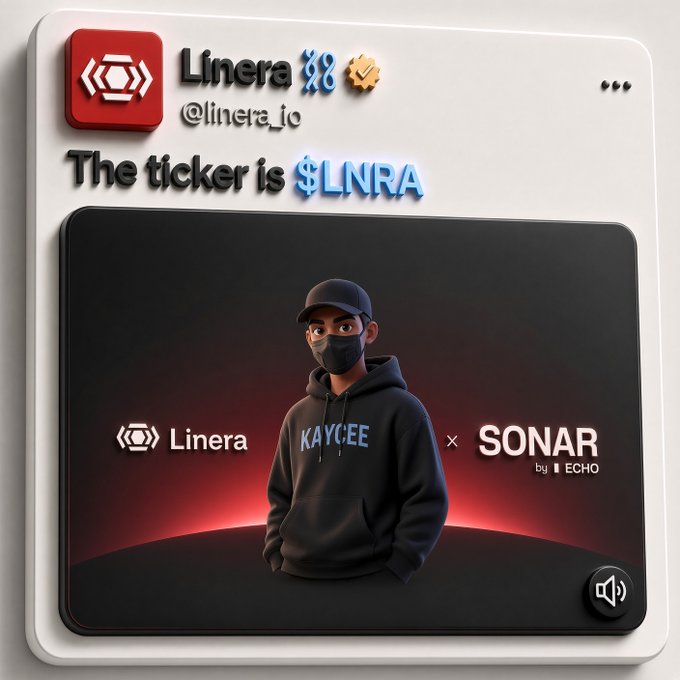 A stylized Twitter/X post from Linera (@linera_io) announcing 'The ticker is $LNRA,' featuring a 3D-rendered avatar of a masked person in a 'KAYCEE' hoodie alongside a Linera × SONAR by ECHO collaboration logo.