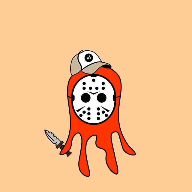 The image features a cartoon character that looks like an octopus with eight legs, giving it a unique and whimsical appearance. The character has a white hat on its head and is holding a knife in one hand while wearing a mask or goggles on the other. The background of the image is orange, which contrasts nicely with the white hat and adds to the overall visual appeal of the scene.