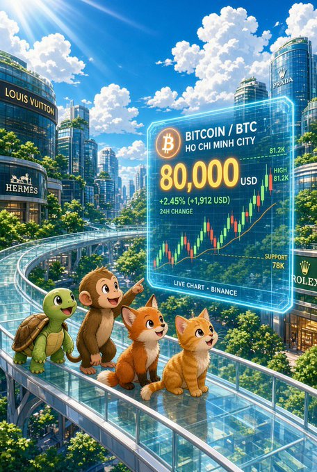 An illustrated scene featuring a turtle, monkey, and two kittens on a walkway in front of a holographic display showing 'BITCOIN / BTC HO CHI MINH CITY' at '80,000 USD', with luxury brands like Louis Vuitton and Hermes visible in the background.