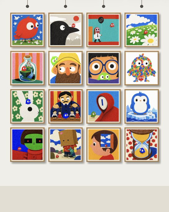 A grid display of 16 colorful framed illustrations in a stylized cartoon art style, featuring various characters and scenes including a red bird, a raven, figures with beards, a penguin, and an hourglass, arranged in a 4x4 layout hanging from strings.