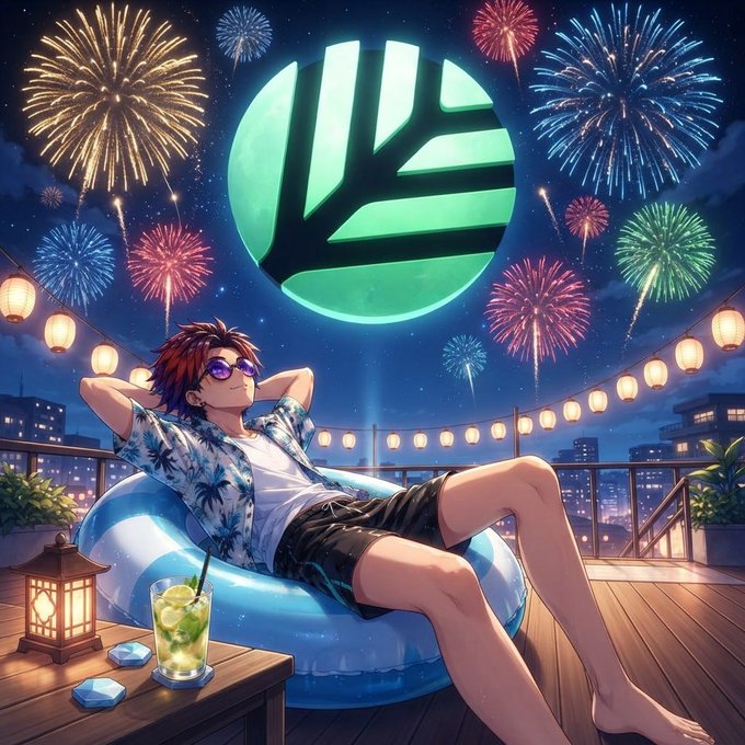 Anime-style illustration of a relaxed young man in a Hawaiian shirt reclining on an inflatable ring on a rooftop, with a large green Xanpay/XRP-style logo and fireworks in the night sky.