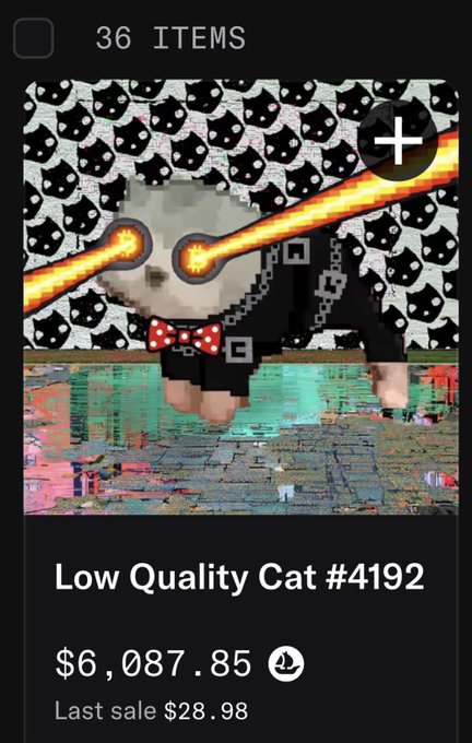 A screenshot from an NFT marketplace showing a pixelated, glitch-art piece titled "Low Quality Cat #4192" priced at $6,087.85 with a last sale of $28.98.