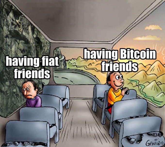 A bus meme comparing 'having fiat friends' (a sad person looking at a rocky cliff) versus 'having Bitcoin friends' (a happy person looking at a beautiful sunset landscape).