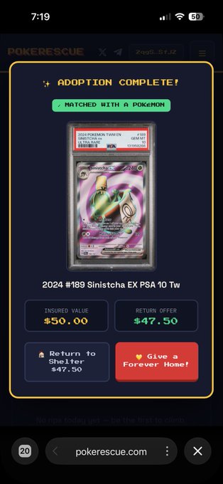 A mobile screenshot of pokrescue.com showing an 'ADOPTION COMPLETE!' notification for a 2024 #189 Sinistcha EX PSA 10 card with a return offer of $47.50.