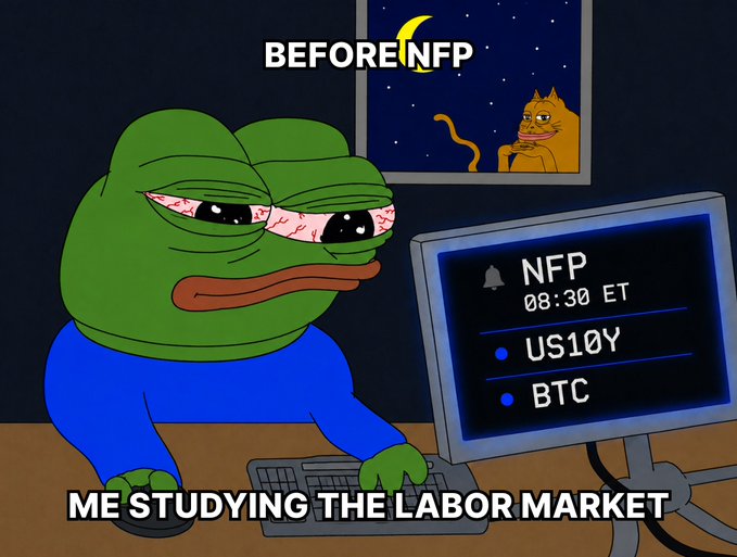 A weary Pepe the Frog sits at a computer showing upcoming economic data—"NFP 08:30 ET," "US10Y," and "BTC"—with a "BEFORE NFP" header above, capturing the late-night grind of prepping for tomorrow's Non-Farm Payrolls release. The meme humorously illustrates the pre-market ritual of cramming macro analysis before a major economic event.