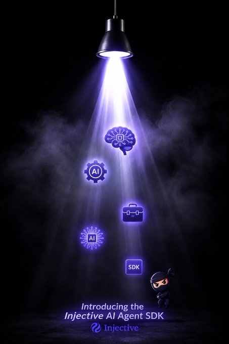 Promotional graphic for Injective's 'Injective AI Agent SDK', showing AI-themed icons being illuminated by a spotlight with a small ninja character.
