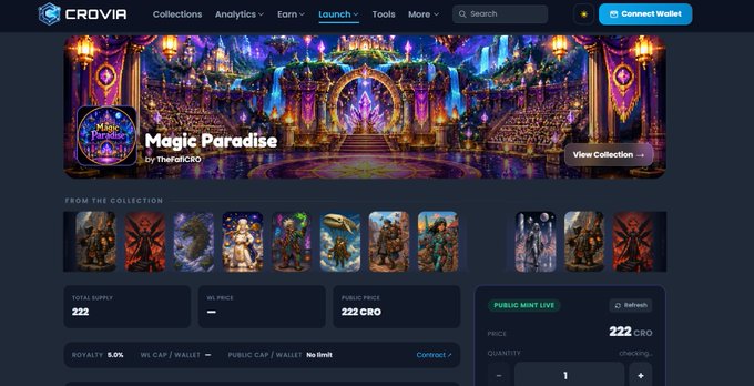 A website screenshot for 'CROVIA' showing the 'Launch' page with a 'Magic Paradise' NFT collection featuring fantasy artwork cards and a public mint live option priced at 222 CRO.