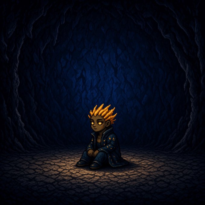 A pixel art illustration depicts a glowing-eyed, spiky-haired character in a dark cloak sitting alone in a shadowy cave illuminated by a small patch of warm light.