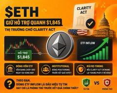The image is a Vietnamese promotional graphic for "CLARITY ACT" and "SETH" (likely an ETH ETF-related token), highlighting "1,845" institutional support with a price drop indicator showing "-1.84%" and emphasizing U.S. backing, while the post discusses Tom Lee's Bitmine accumulating 7,430 more ETH to reach ~5.77 million total holdings—thematically linked through their shared focus on Ethereum institutional accumulation and crypto market sentiment.