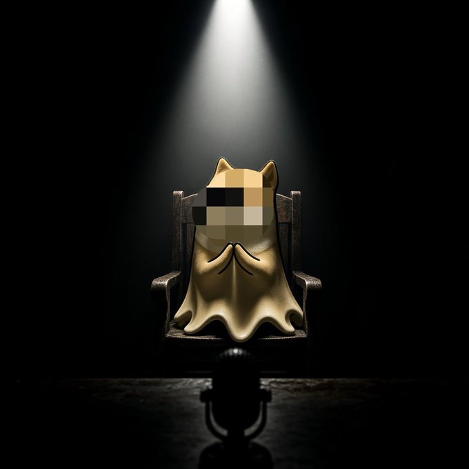 A digitally created image showing a small figure wearing a tan ghost costume sitting on a wooden chair in a dark room, illuminated by a single spotlight from above.