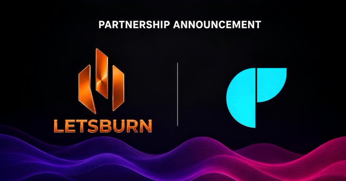 A partnership announcement graphic features the 'LETSBURN' logo alongside a blue and teal logo on a dark background with wavy purple and pink lines.