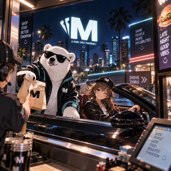 Anime-style AI artwork depicting a McDonald's drive-thru scene at night with a bear mascot wearing sunglasses handing a paper bag to a girl in a convertible, with billboards displaying slogans like 'GOOD FOOD BETTER TOMORROW' and 'SAME PEOPLE MORE POSSIBILITIES'.