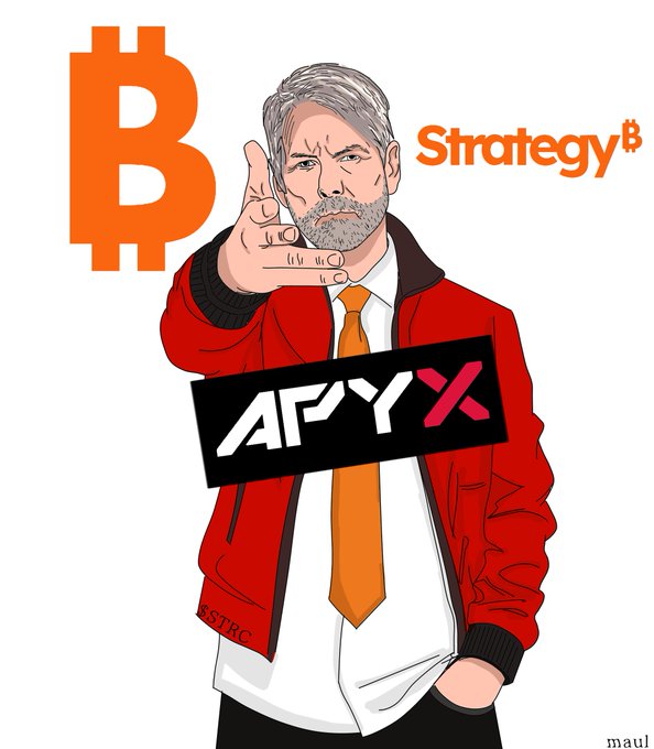 A cartoon illustration of a gray-bearded man in a red jacket giving a hand gesture, accompanied by a Bitcoin logo, 'Strategy' text, and an 'APYX' sign.