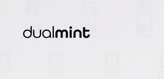 The image shows the "dualmint" logo in black lowercase text against a white background with faint, repeating mint-shaped patterns.