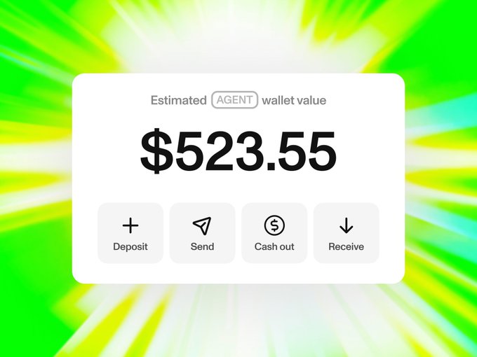 A digital wallet interface displays an "Estimated AGENT wallet value" of **$523.55** with action buttons for Deposit, Send, Cash out, and Receive, set against a vibrant green and yellow starburst background. The image illustrates the post's claim that the agent's Zora wallet is now x402-native, showcasing its functionality and balance.