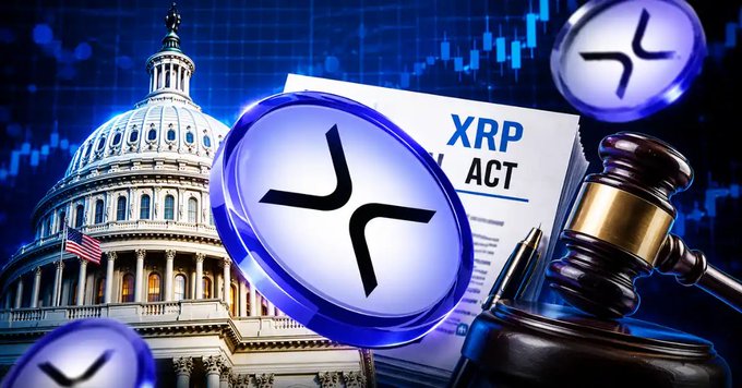 A graphic featuring XRP cryptocurrency coins, the U.S. Capitol building, a gavel, and a document labeled 'XRP ACT' against a candlestick chart background.