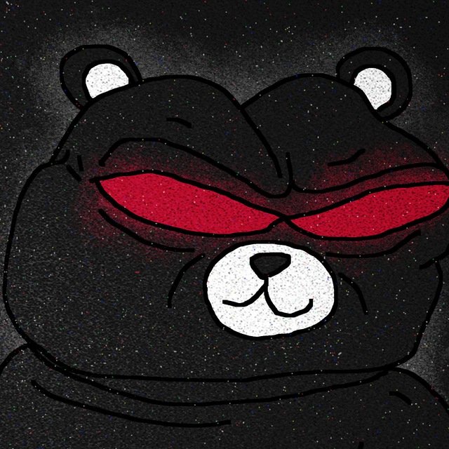 A close-up illustration of a black bear with angry, glowing red eyes and a white snout on a dark, speckled background.