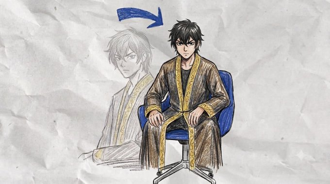 A hand-drawn illustration showing a transformation from a faded figure to a detailed character with dark hair wearing a brown and gold robe, with a blue arrow indicating the transition.