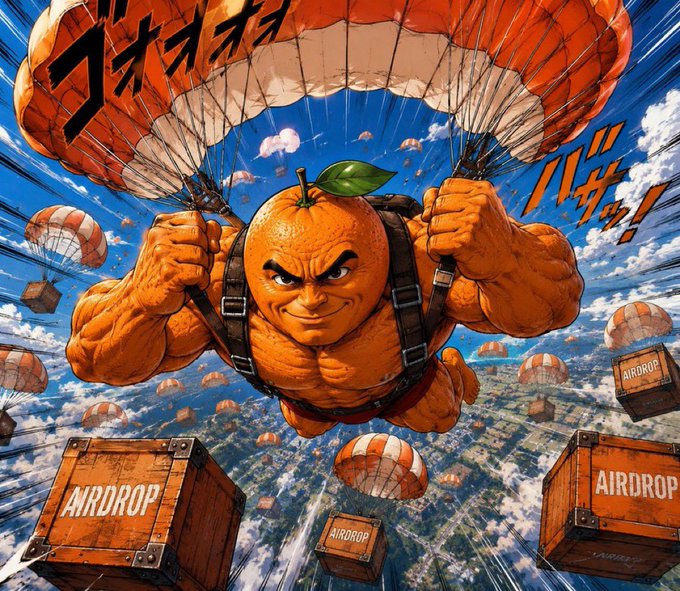 A muscular anthropomorphic orange descends via parachute alongside several crates labeled "AIRDROP," visually parodying a crypto airdrop drop to humorously reinforce the post's request for followers to share their wallet addresses.