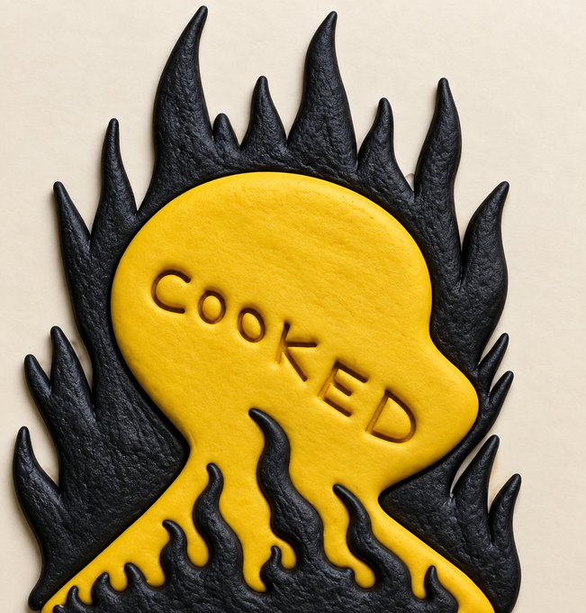 A textured sculpture or painting depicts a yellow melting figure surrounded by black flames, with the word 'COOKED' embossed across the figure's body.