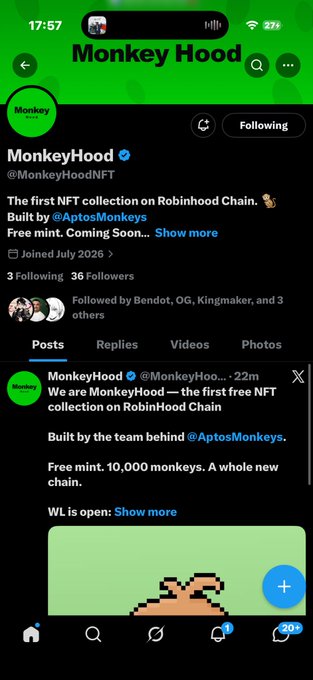 The image shows a Twitter/X profile for "MonkeyHood" (@MonkeyHoodNFT), highlighting it as the first NFT collection on Robinhood Chain, built by @AptosMonkeys, with a free mint and 10,000 monkey supply — matching the post's alpha announcement. The profile displays 3 following, 36 followers, and references the whitelist being open.