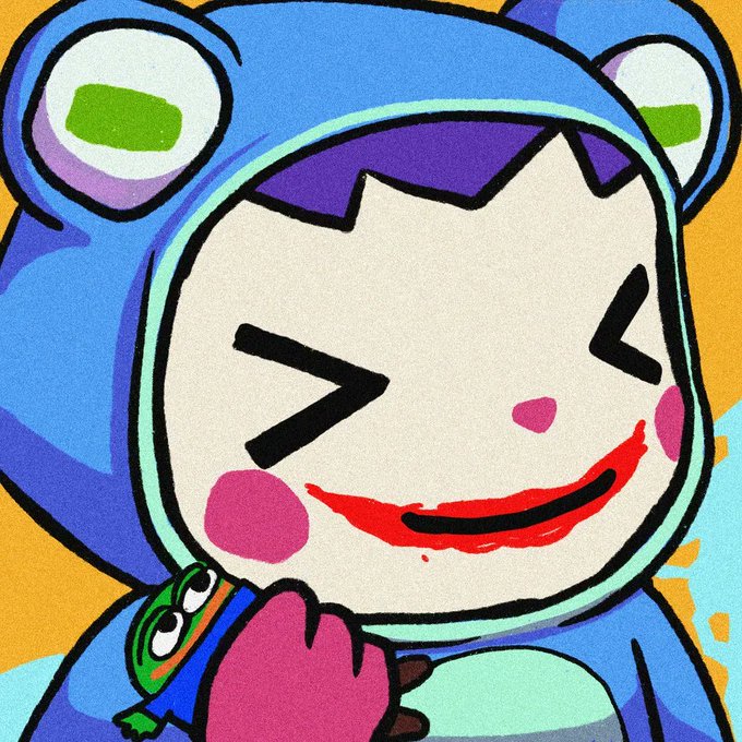 A vibrant cartoon illustration shows a cheerful character wearing a blue frog-like hood with green oval eyes and purple inner ears, featuring a wide red smile with a smeared lipstick effect and closed, squinting eyes with pink cheek blushes while holding a small green frog figure. The image aligns with the post about "Chog" NFTs, depicting the "choggers"—adorable amphibian-themed characters from the @ChogNFT collection—that the user humorously credits with supporting their portfolio through volatile "bipolar bear-bull market" conditions.