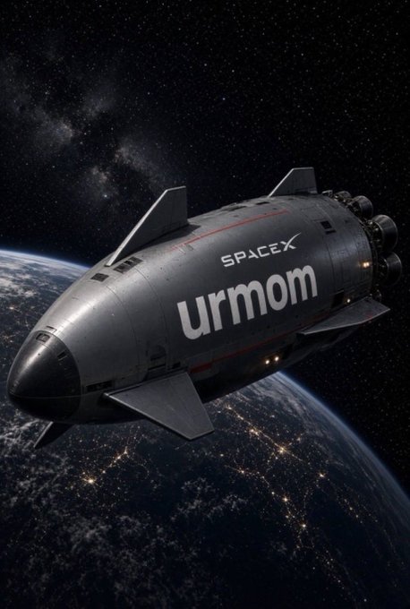 A SpaceX rocket floating in space above Earth with "SPACEX" and "urmom" printed on its side, visually representing the $urmom meme token that pays holders in SpaceX tokenized stock. The rocket branding directly ties into the post's theme of combining the familiar "ur mom" joke with SpaceX and Elon Musk references.
