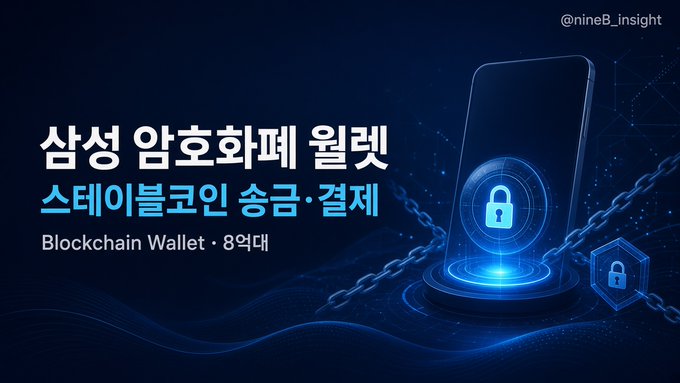 Korean-language promotional graphic warning about the Samsung crypto wallet scam, featuring a smartphone with a padlock icon.