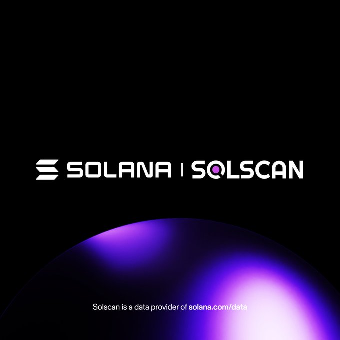 The image features the Solana and Solscan logos side by side on a black background, with the tagline "Solscan is a data provider of solana.com/data" displayed over a purple gradient sphere, visually reinforcing the announcement that Solscan has been integrated as an official data provider for Solana Data.