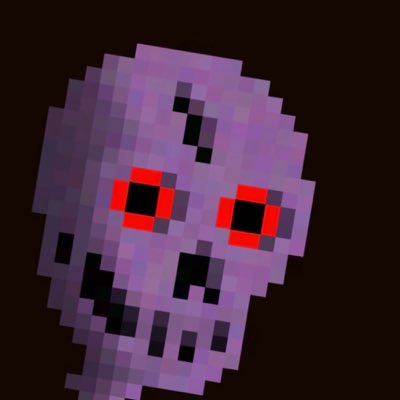 A pixelated purple skull graphic with glowing red eyes and dark markings floats against a solid black background, resembling a retro video game sprite.