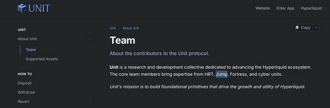 The image shows the "About Unit" page of the Unit protocol, which is described as a research and development collective dedicated to advancing the Hyperliquid ecosystem, with core team members bringing expertise from HRT, Jump, Fortress, and cyber units, and a mission to build foundational primitives that drive the growth and utility of Hyperliquid.

The connection to the post: Jump Trading is cited as a core contributor/expertise source behind Unit, which supports the claim that Jump is actively involved in building on Hyperliquid (including farming trade.xyz volume).
