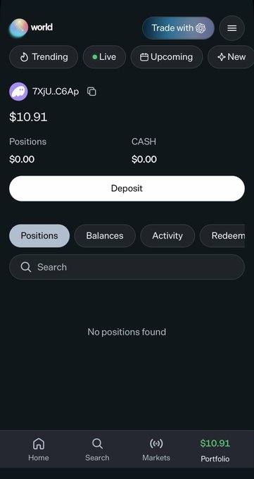 A mobile app portfolio screen for prediction markets showing a balance of $10.91, zero positions and cash, with a 'Trade with' button and tabs for Trending, Live, Upcoming, and New.