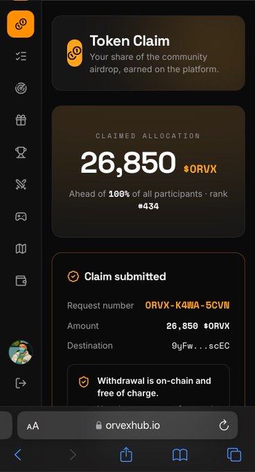 Token claim dashboard for ORVX showing a claimed allocation of 26,850 $ORVX (rank #34, ahead of 100% of participants) with a claim submitted notification, destination address 9yFw...scEC, and URL orvexhub.io.