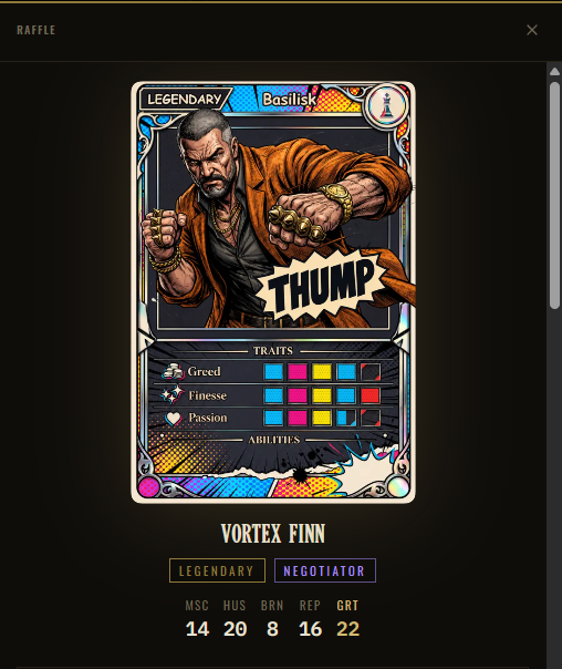 A digital collectible card titled "Vortex Finn" with the archetype "Negotiator" and traits "Greed," "Finesse," and "Passion," featuring an illustration of a man in an orange jacket wielding weapons with the text "THUMP" and stats MSC 14, HUS 20, BRN 8, REP 16, GRT 22.